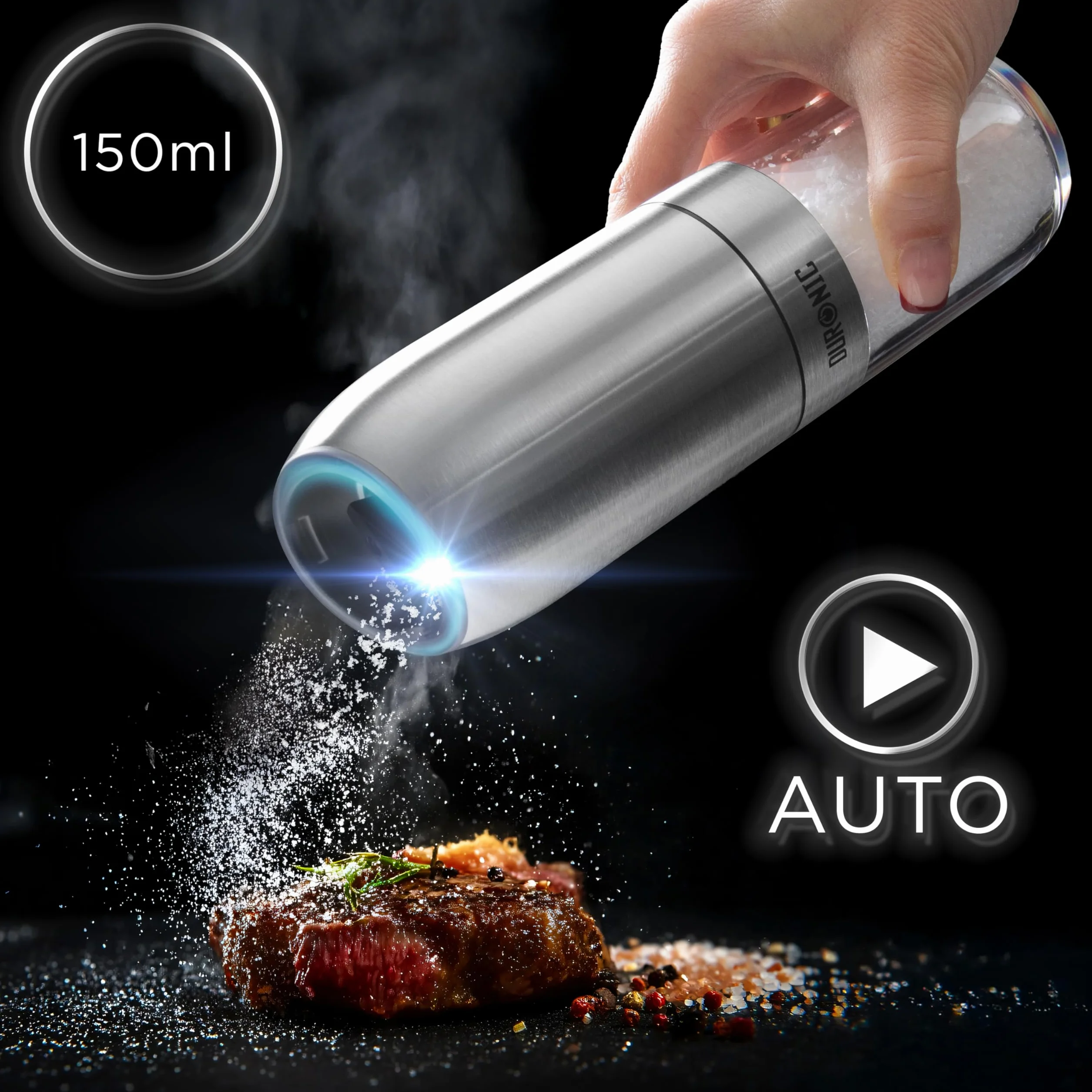 Duronic EMB2 Set 2 Macinasale pepe Elettrico, Macina Spezie automatico 150 ml, Gravità Senza Pulsanti, Regolabile Fine Grossa, Luce LED Macinino Sale Pepe, Portatile Alimentazione Batterie