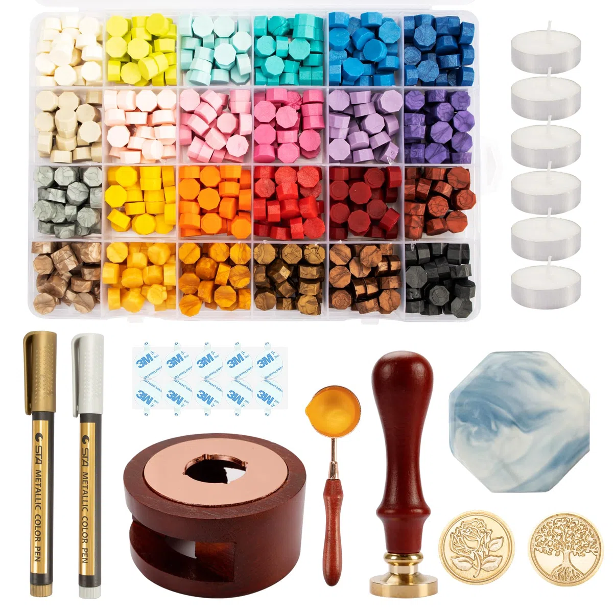 Kit di 644 pezzi Ceralacca, 24 colori perline in ceralacca, set per sigilli di cera/timbro per ceralacca in metallo/strumenti di fusione/stuoia di cera/adesivi per decorare buste lettere matrimoni