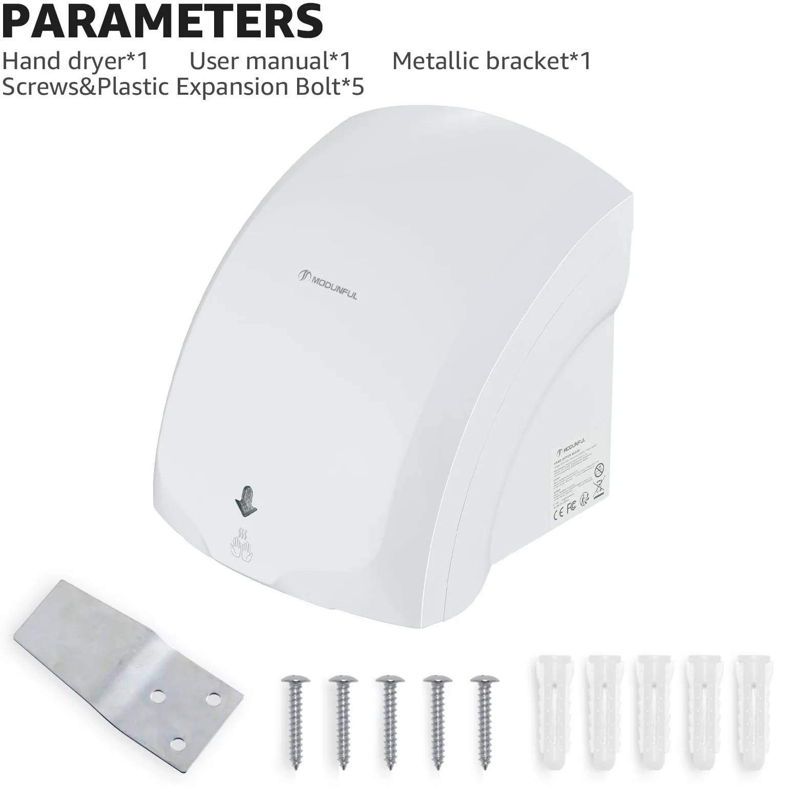 modunful Asciugamani automatico Asciugamani a muro con luce pilota, asciugatura ad aria calda e fredda, compatto classico commerciale 220V 2000W bianco