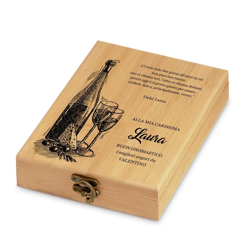 Maverton Set di Accessori da Vino - Kit Cavatappi da Vino Degustazione Perfetta Personalizzato - Scatola in Legno di bambù + 4 Pezzi di Accessori Vino - Regalo Donna - Giorni