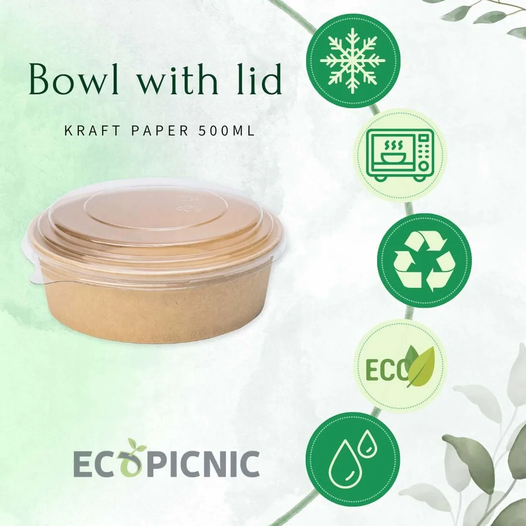 Ciotole per Insalata in Carta Kraft con Coperchio PP 500 ml - Confezione da 50 Pezzi | Contenitori Monouso Ecologici per Insalate, Poke Bowl, Cibo da Asporto