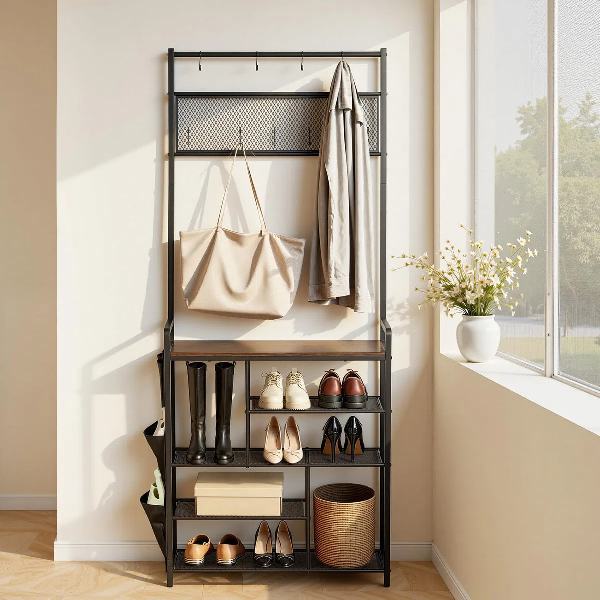 VEVOR Mobiletto Appendiabiti da Ingresso Appendiabiti con Scarpiera Ripiani Portaoggetti per Soggiorno Camera da Letto, Mobiletto Attaccapanni 750 x 300 x 1800 mm con Ganci Porta Sciarpa Scarpe