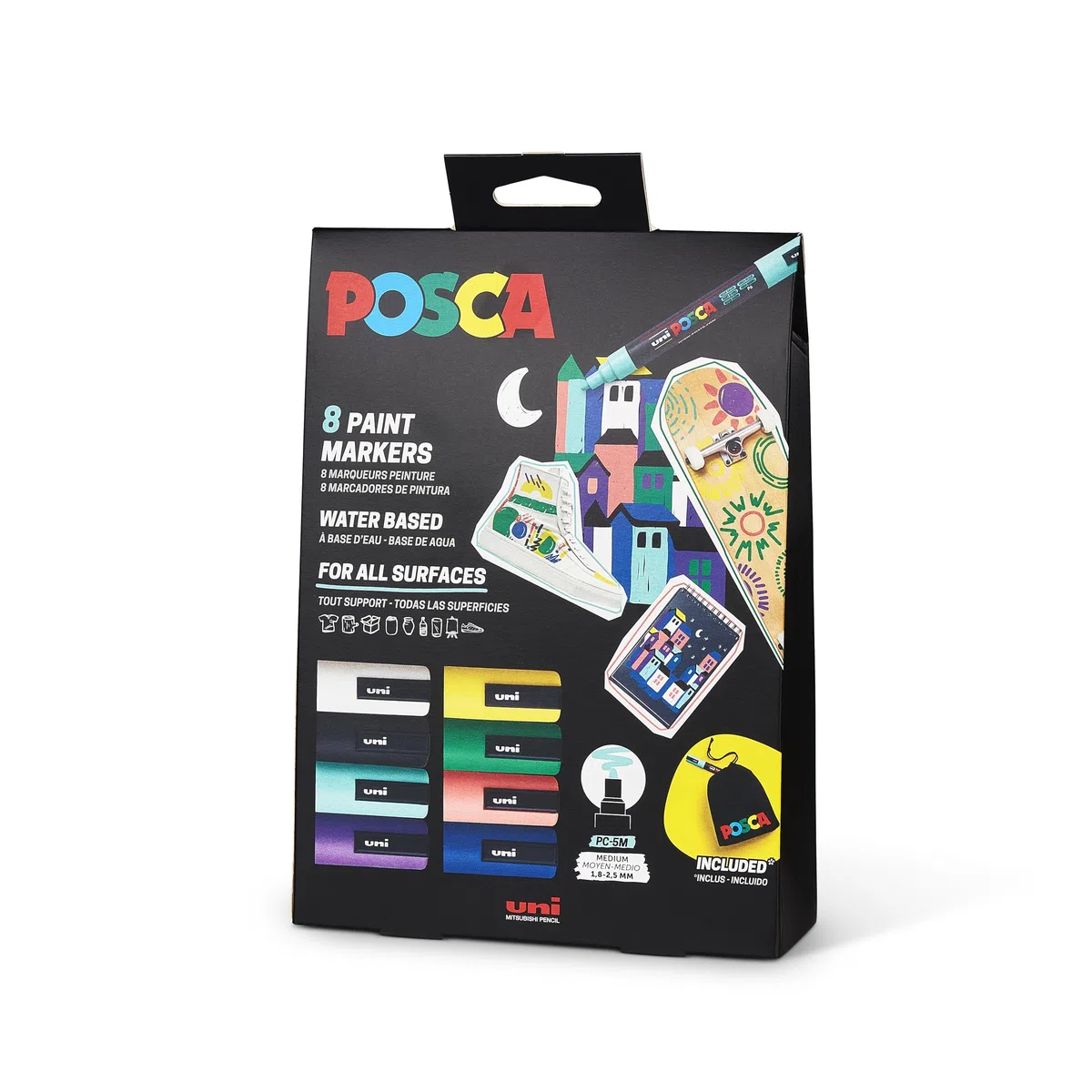 POSCA 182598 - Set di pennarelli POSCA con custodia in tessuto, 8 penne acriliche PC-5M, pennarello permanente con punta tonda da 1,8 a 2,5 mm