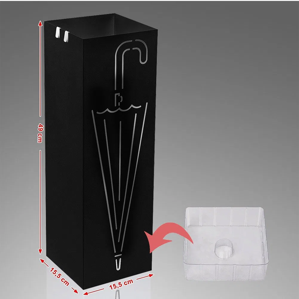 BAKAJI Portaombrelli Stand in Ferro Design BAK3B Forma Quadrata Nero con Decorazione Intarsio Ombrello Vaschetta Salvagoccia e Ganci per Ombrelli Pieghevoli Dimensioni 49 x 15,5 cm