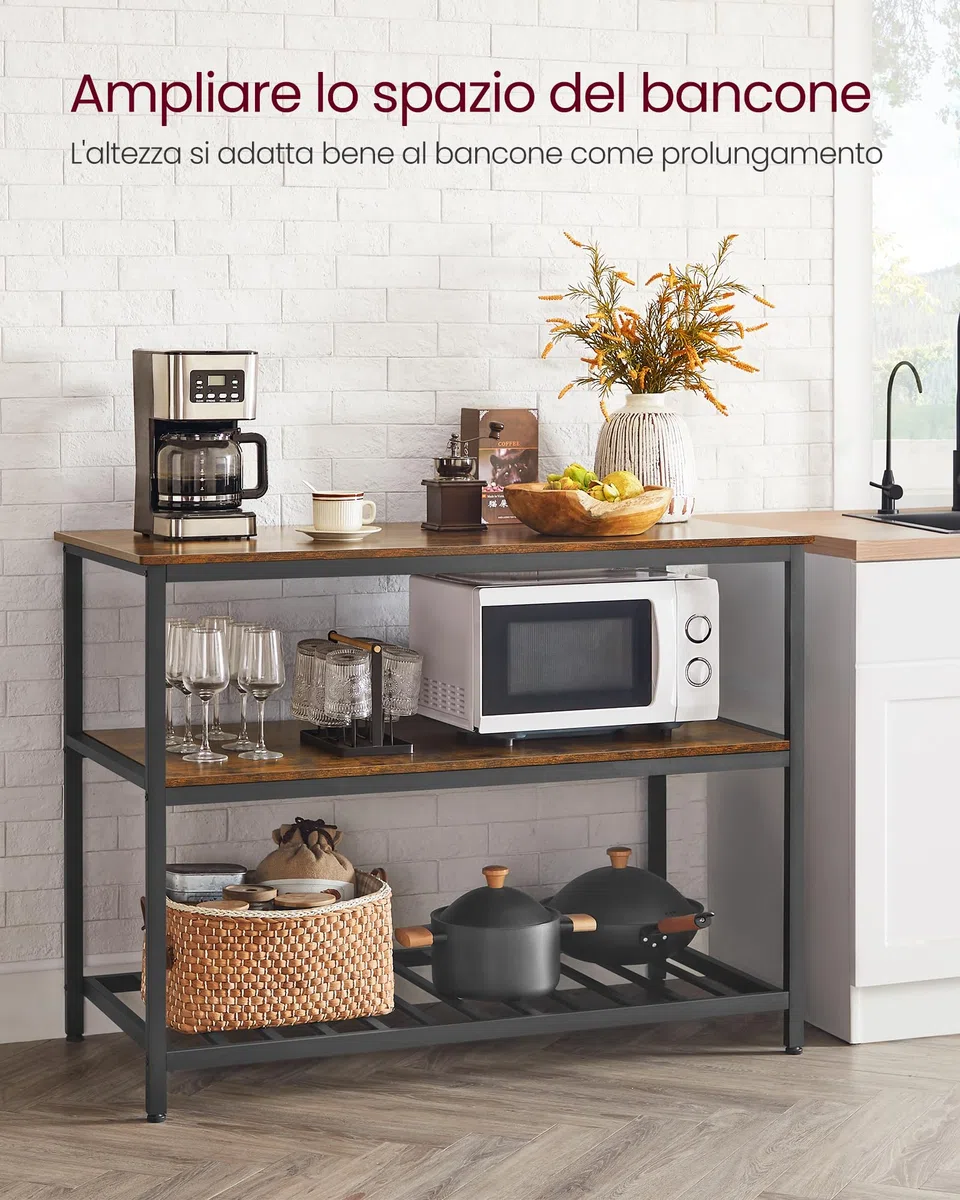 VASAGLE Isola da Cucina con Ampio Piano di Lavoro, Scaffale a 3 Livelli, Struttura in Acciaio, 60 x 120 x 90 cm, Stile Industriale, Facile da Montare, Marrone Vintage e Nero KKI01BX