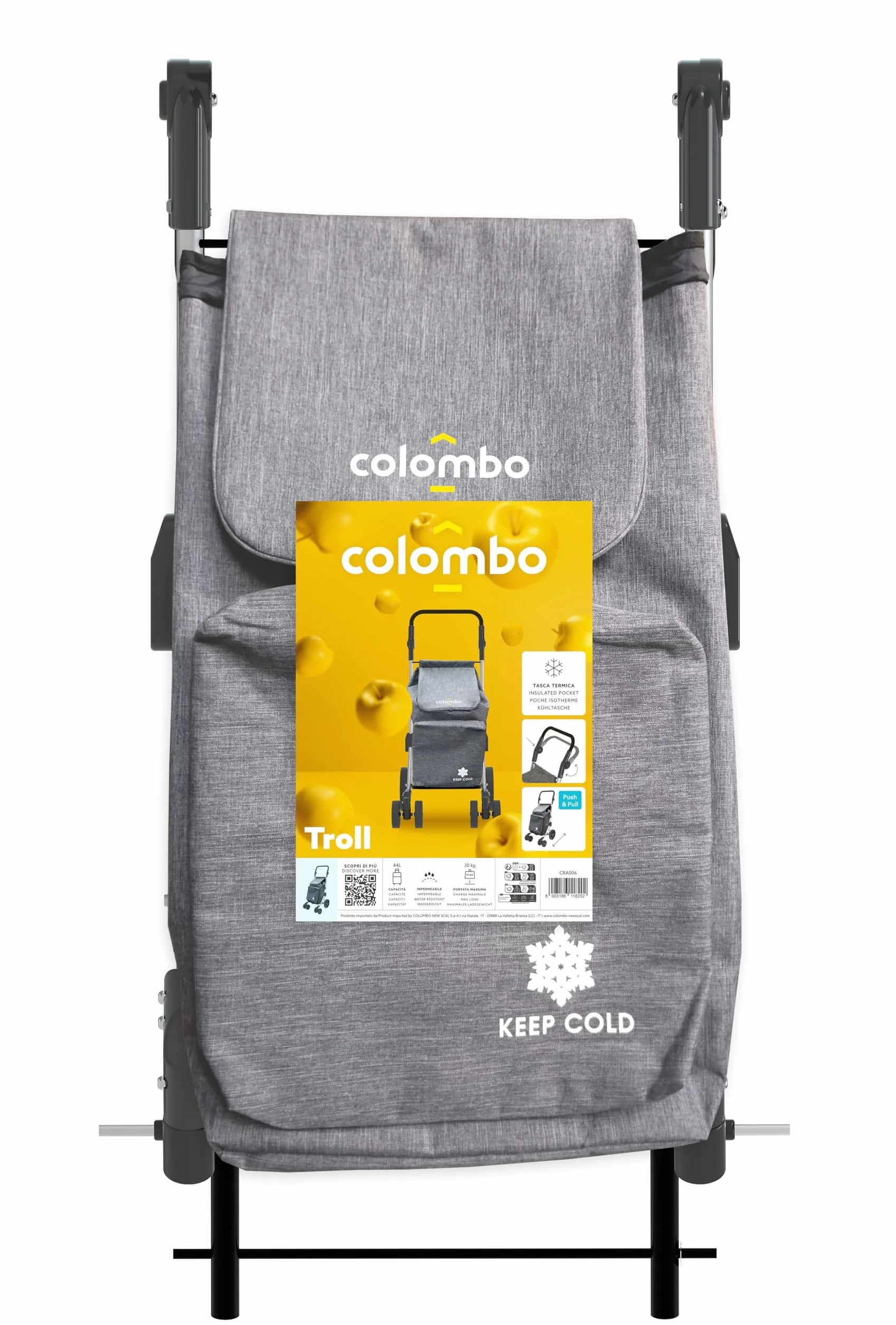 COLOMBO Troll Carrello Spesa in Alluminio Leggero e Resistente 60L con Borsa Termica 4L, 6 Ruote Push&Pull, Manubrio Regolabile Antiscivolo, Porta Monete – Carrello Spesa Pieghevole, Salvaspazio