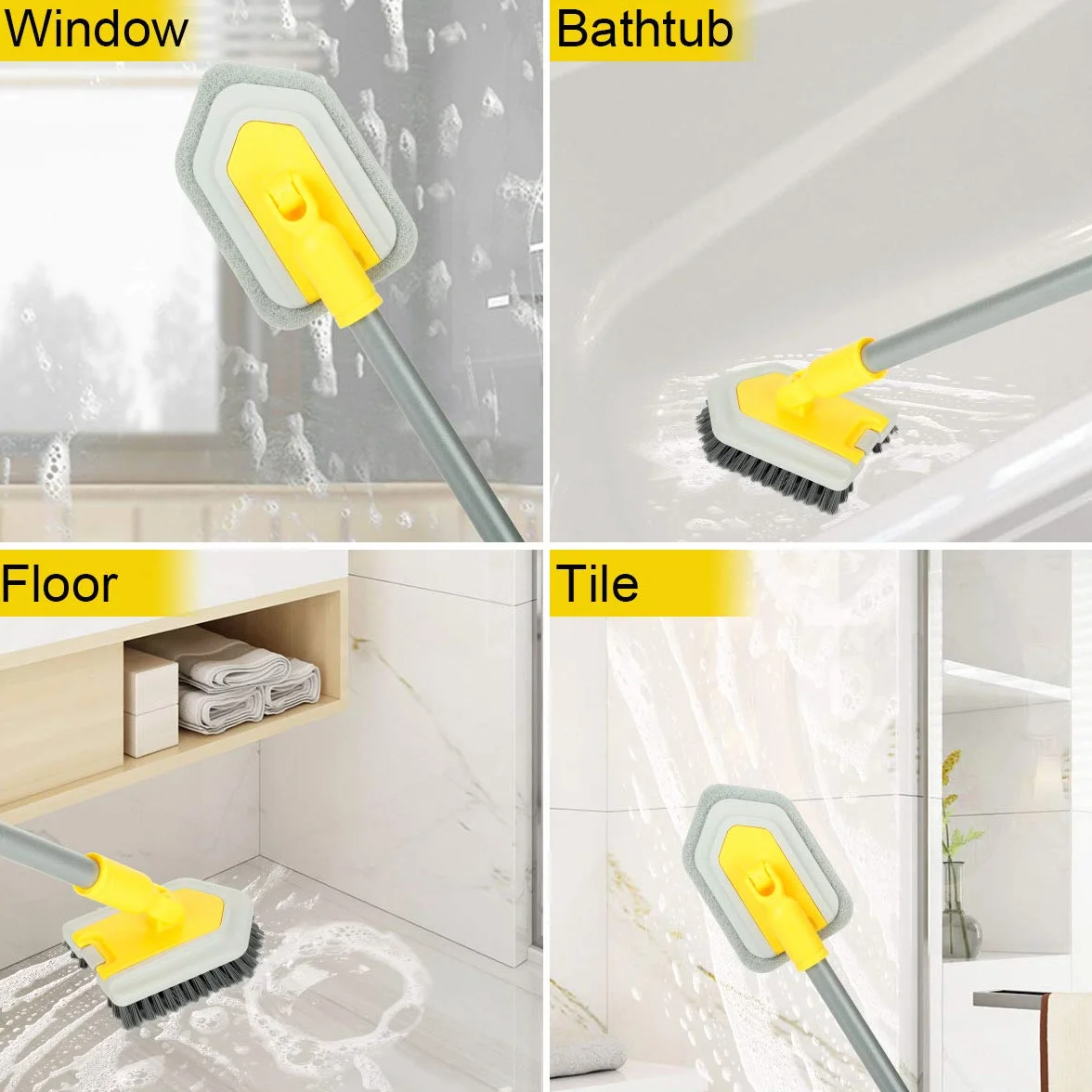 Lalafancy 3 in 1 Spazzola Pulizia della Doccia con Manico Lungo Telescopico 127 cm, Spazzole per Pulire Scrubber Lunga con Setole Rigide, Spugna e Microfibra per Bagno, Vasca, Piastrelle, Pavimenti