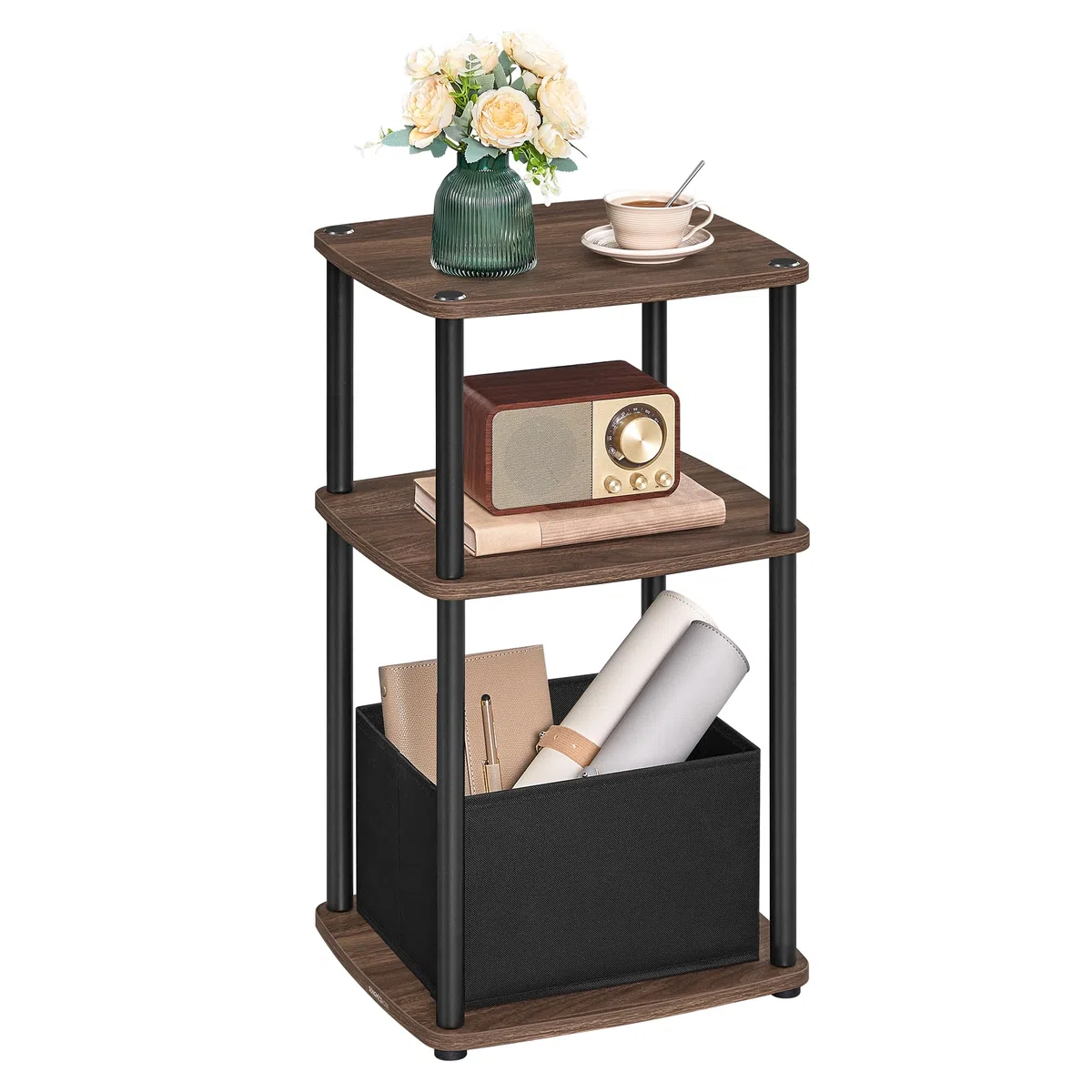 SONGMICS HOME Tavolino, Comodino, 3 Ripiani, Cestino in Tessuto, per Camera da Letto, Soggiorno, Struttura in Acciaio, 30 x 34 x 58 cm, Moderno, Noce Naturale LET286K01