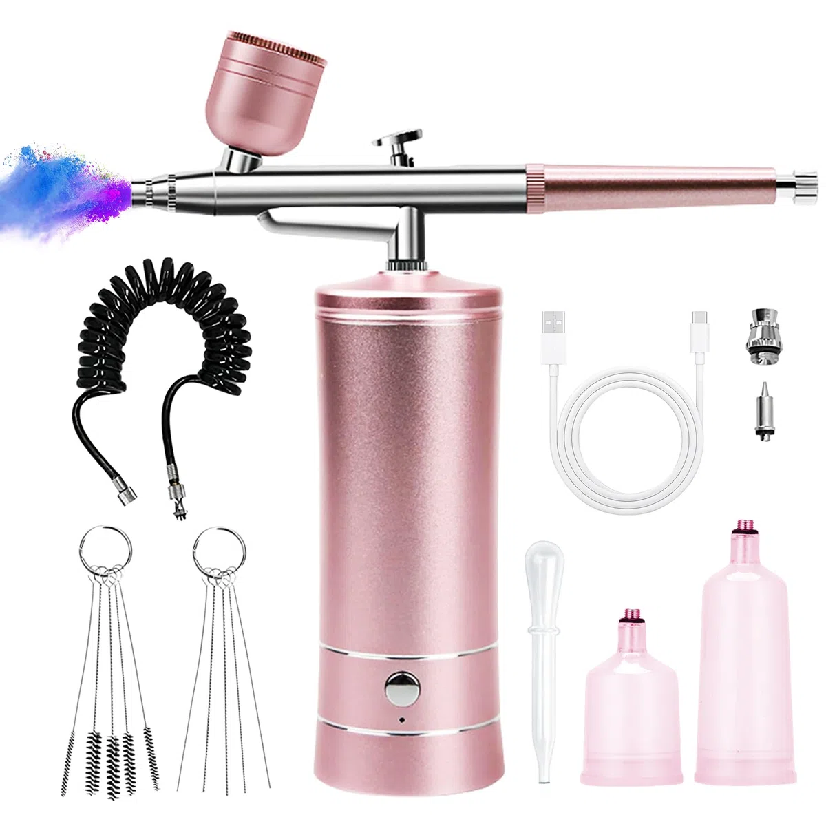 Set aerografo con compressore, kit aerografo con compressore, USB, ricaricabile, doppia azione per unghie, set di colori per modelli, nail art, tatuaggi (rosa)