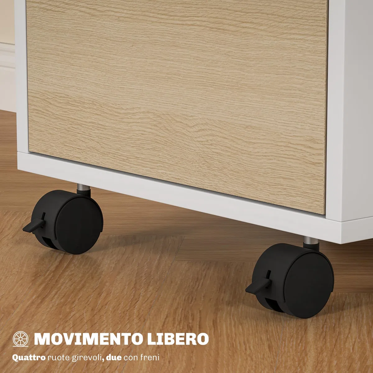 HOMCOM Schedario da Ufficio con 3 Cassetti, 4 Ruote, Cassettiera Ufficio con Serratura e 2 Chiavi per Lettera/Formato A4, Armadietto Verticale per Studio, 40x40x63.5 cm, Bianco e Rovere