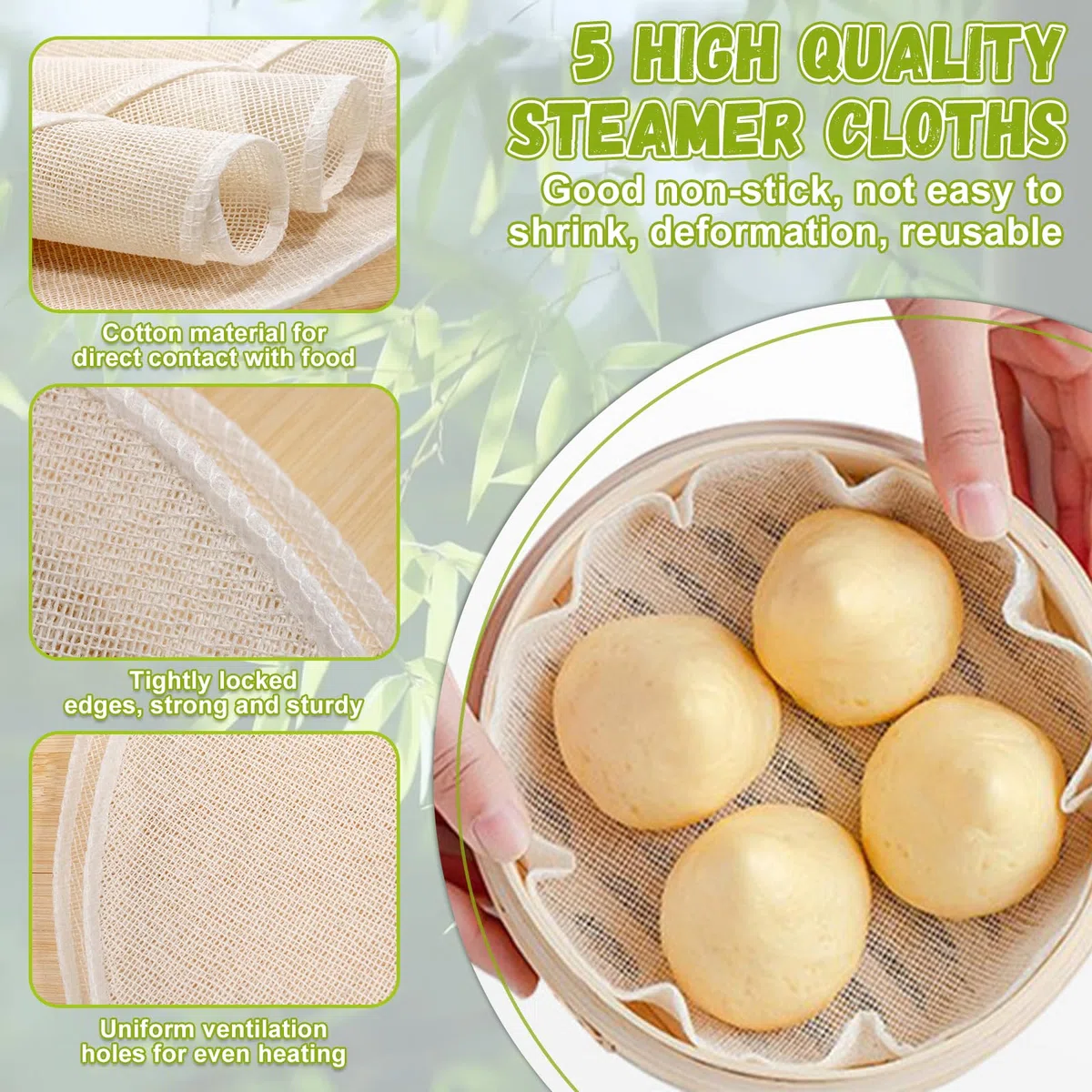 HEKOBAG 2 Pezzi Vaporiera in Bambù, Ø 21cm, Cottura a Vapore Cestello Bambù con Coperchio Cestello Bamboo Cottura a Vapore con 5 Panni per la Cottura a Vapore per Riso, Pesce, Carne, Verdure, Snack
