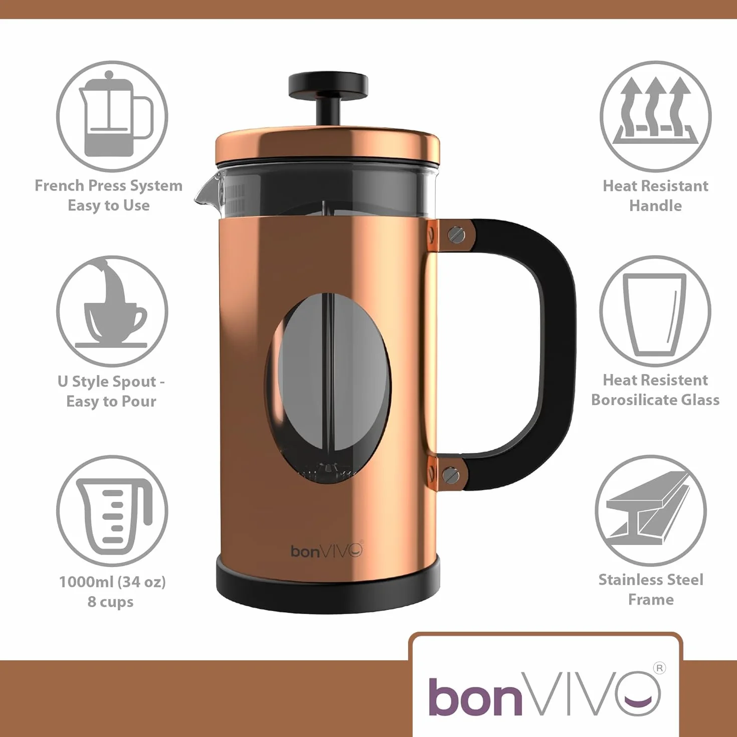 bonVIVO Caffettiera a Stantuffo French Press 8 Tazze (1000 ml) – Caffettiera in Vetro Borosilicato e Acciaio Inox per Caffè, Tè, Infusi e Cold Brew – Design Elegante Rame