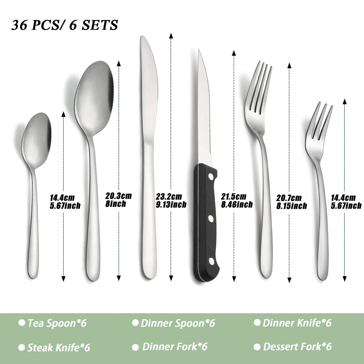 Pleafind posate da 36 pezzi, posate acciaio inox 6 persone per uso alimentare, set posate in argento con coltello, cucchiaio, forchetta, coltello da bistecca, lavabili in lavastoviglie
