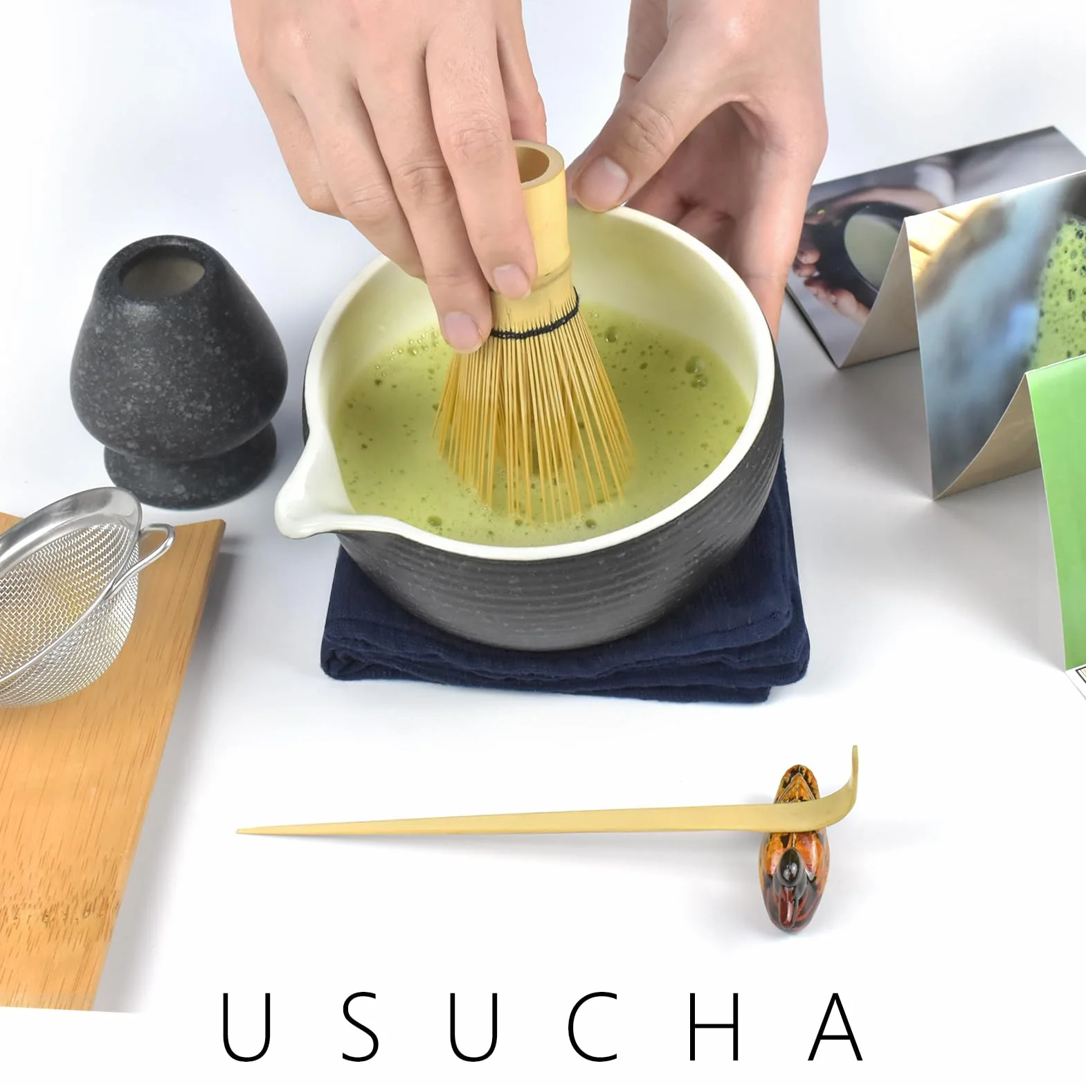 Artcome Bluestone Glaze Kit per Cerimonia del Tè Giapponese, Ciotola con Beccuccio Versatore, Frusta, Paletta, Colino in Polvere, Set per Preparare Usucha, Koicha e Matcha