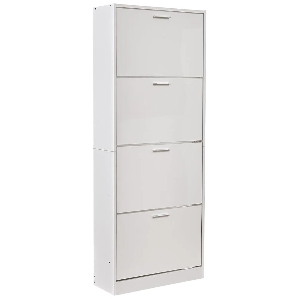 BAKAJI Scarpiera Salvaspazio Slim Portascarpe in Legno MDF con 4 Ante Laccate Lucido a Ribalta e Doppia Profondità 59 x 22 x 169.5 cm Bianco Lucido, 4 Ante