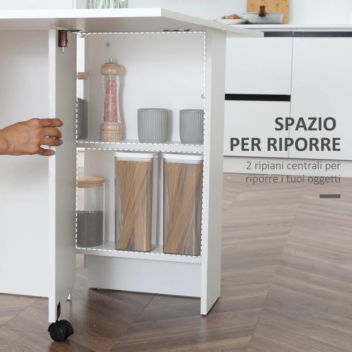 HOMCOM Tavolo Pieghevole in Legno Bianco Tavolo Richiudibile con Ruote per 6 Persone