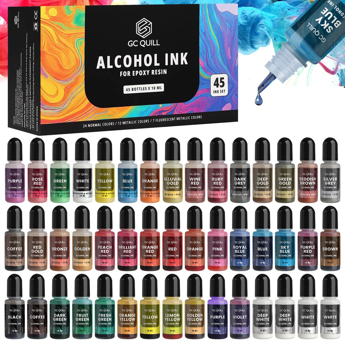 Vernice per Resina Epossidica - 43 Colori Vivaci (12 Metallizzati, 7 Fluorescenti, 24 Normali) - 45 flaconi di Pigmenti Liquidi per epoxy Resin, Gesso GC-AK45