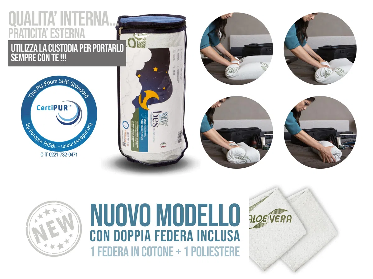 bes Cuscino Cervicale Memory Foam | Alto 15 cm | Adulti | Aloe Vera | Made in Italy