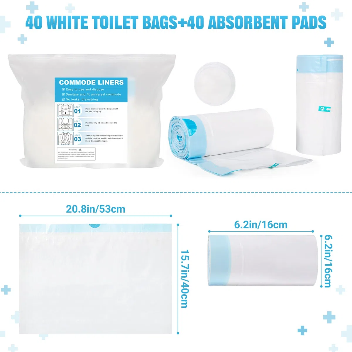 Fodere per WC con cuscinetto assorbente, confezione da 80 sacchetti igienici portatili usa e getta, universali, adatti per WC per adulti (40 sacchetti + 40 cuscinetti)