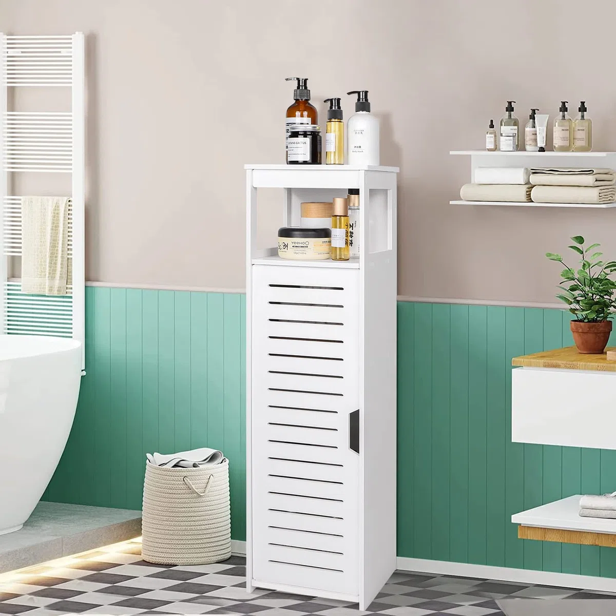 VOGGV Armadietto da bagno autoportante con 1 porta e ripiani per casa, cucina, soggiorno e corridoio, 22 x 20 x 75 cm, bianco