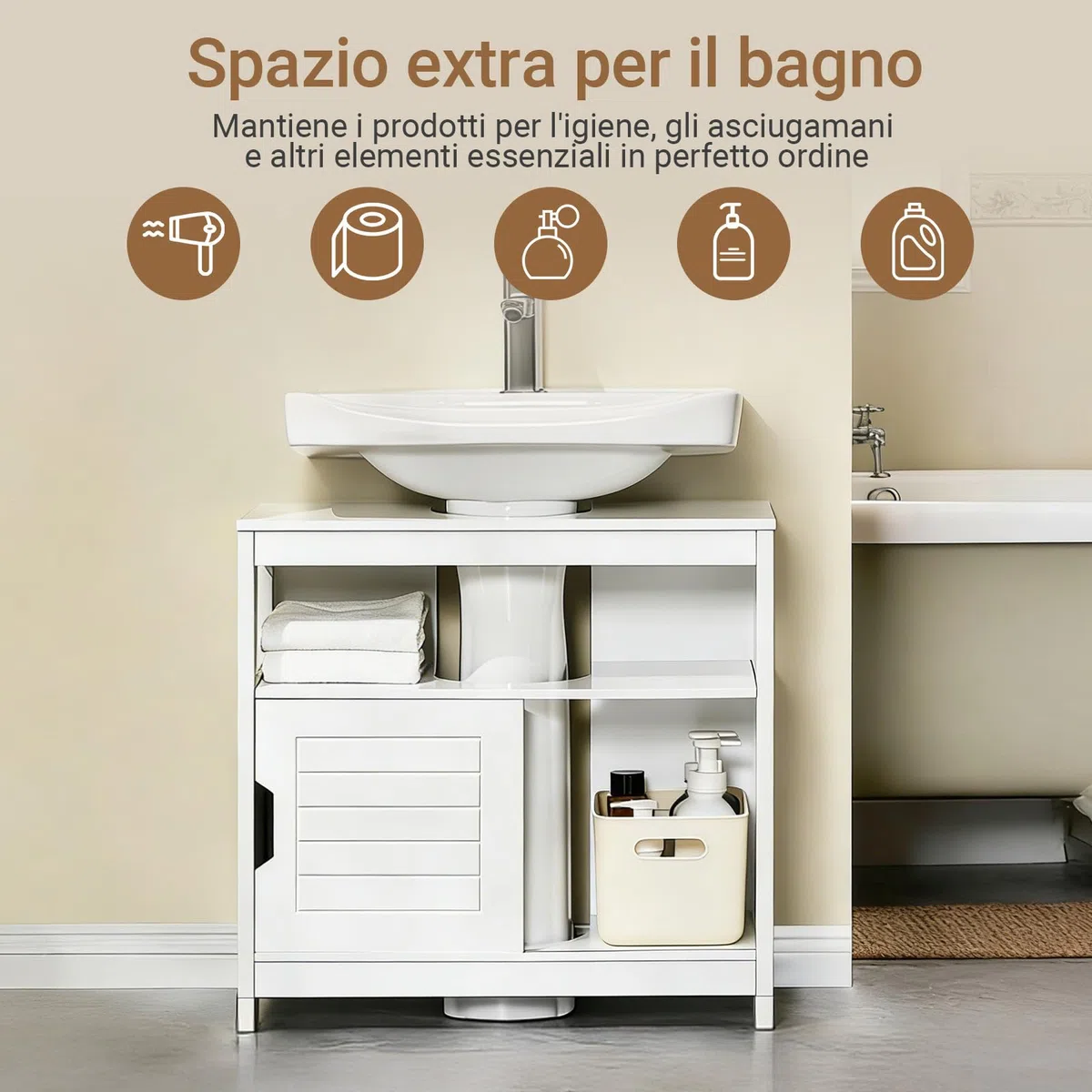 SoBuy Mobiletto Bagno Salvaspazio - Armadio Salvaspazio 2 Ante Scorrevoli e Ripiano Aperto - Mobile Sottolavabo per Bagno Moderno Piccolo – Bianco, 60x30x60cm, FRG128-II-W