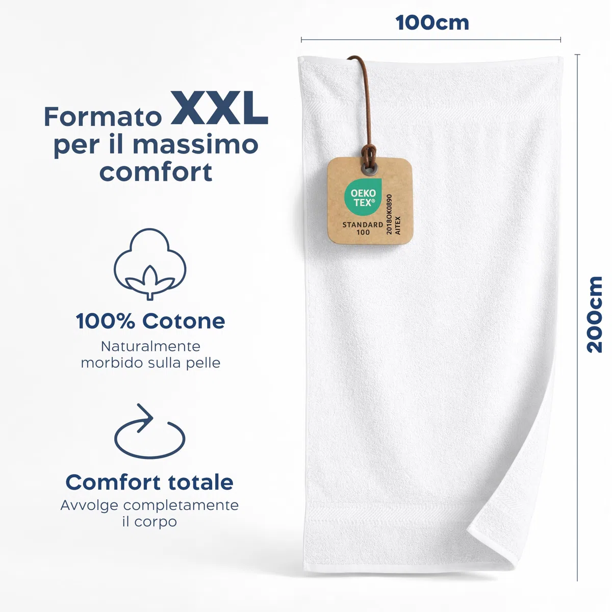 Twinzen Asciugamano Bagno Grande 100x200 cm – Telo Bagno e Telo Doccia Grande XXL in 100% Cotone, Assorbente e Morbido, Con Passante, Certificato OEKO-TEX, Bianco