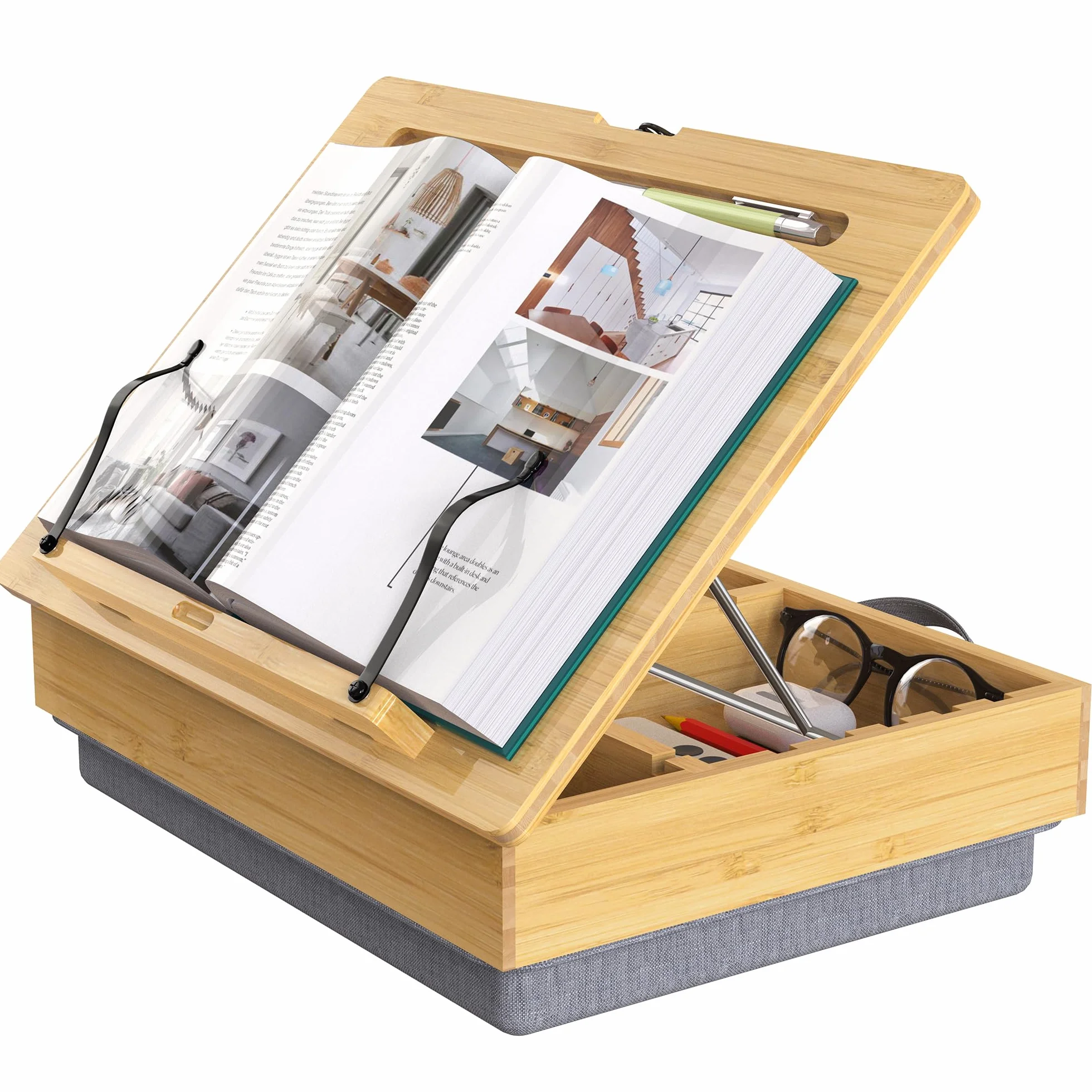 AboveTEK Leggio in Bambù con Cuscino Morbido, Supporto Regolabile con Scomparto, Porta Libro da Letto, Scrivania e Cucina, Leggio per Lettura Mani Libere e Porta Ricettario