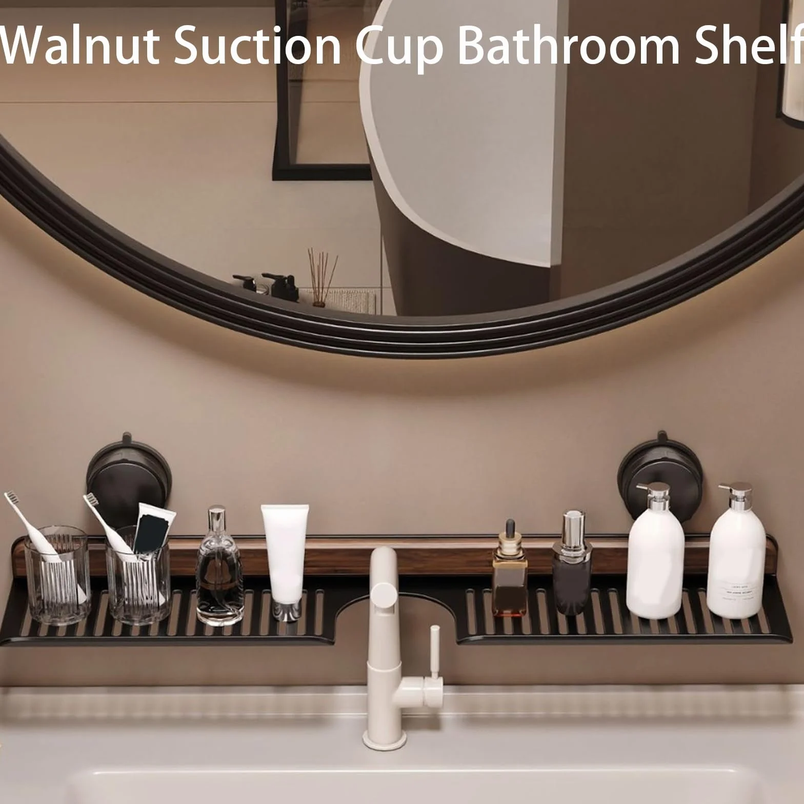 Walnut Suction Cup Bathroom Shelf, No-Drill Bathroom Organizer Shelf for Sink and Vanity, Aluminum Suction Cup Shower Caddy (M White)