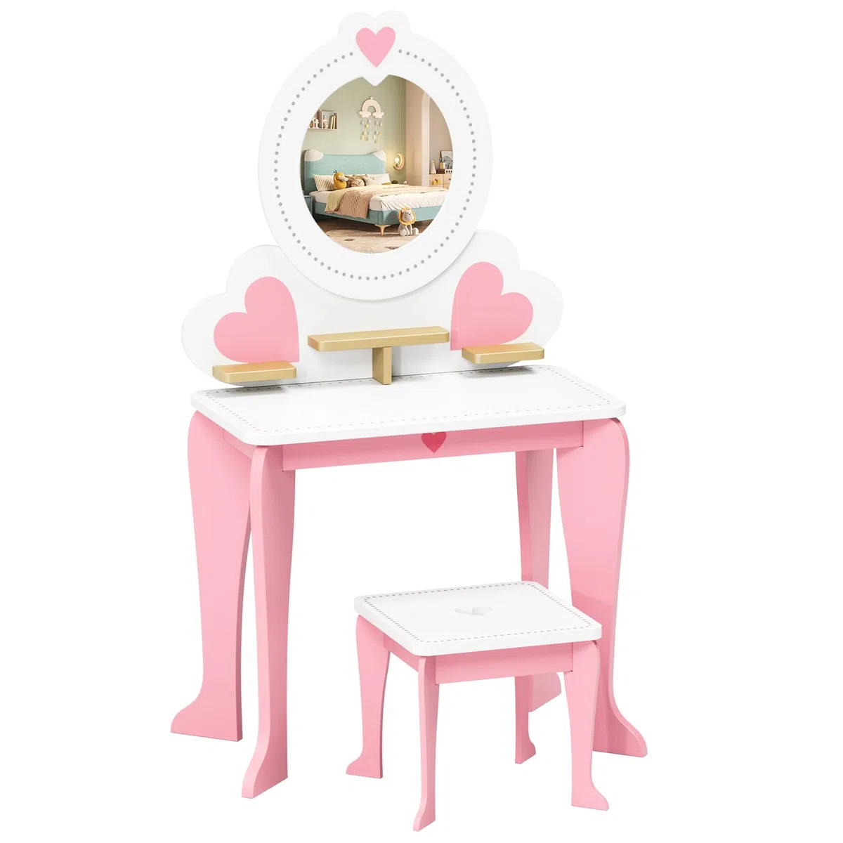 MAMIZO Toeletta per Bambini, Toeletta Trucco con Sgabello e Specchio Rimovibile, Set Tavolo Trucco 2 in 1 a Forma di Cuore, Scrivania per Bambini, 50x33x91cm (Rosa)
