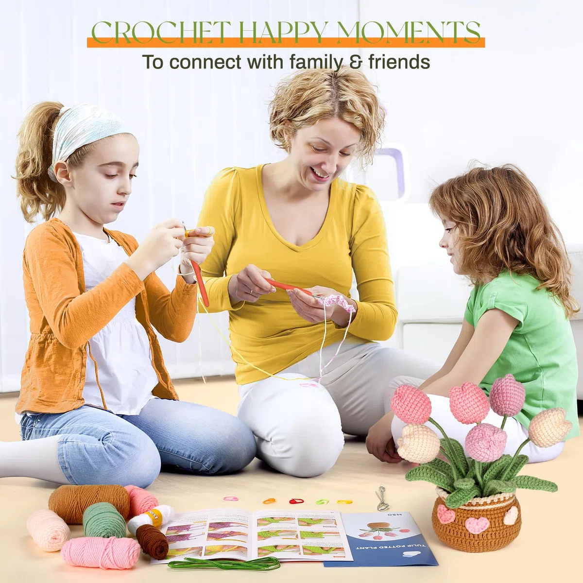 CestMall Kit per Uncinetto per Principianti, 6 Pezzi Kit per Lavorazione Maglia Fiore per Avviamento all'Uncinetto per Piante Vaso con Pennarello Punto Filato Artigianato Fai-da-Te con Tutorial Video