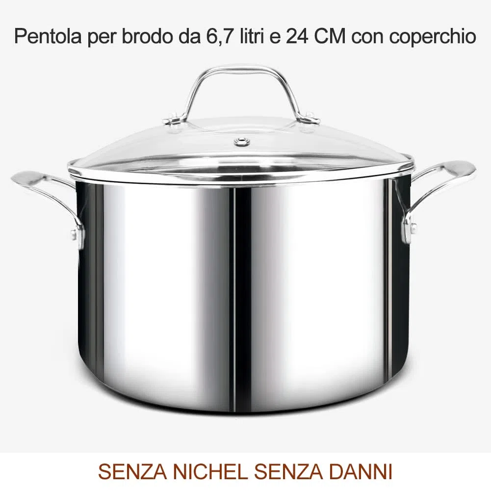 HOMICHEF 14 pezzi set di pentole in acciaio inox senza nichel, rivestito in 3 strati - Set di pentole e padelle lucidate a specchio - Pentole salutari con vaporiera - Pentole a induzione atossiche