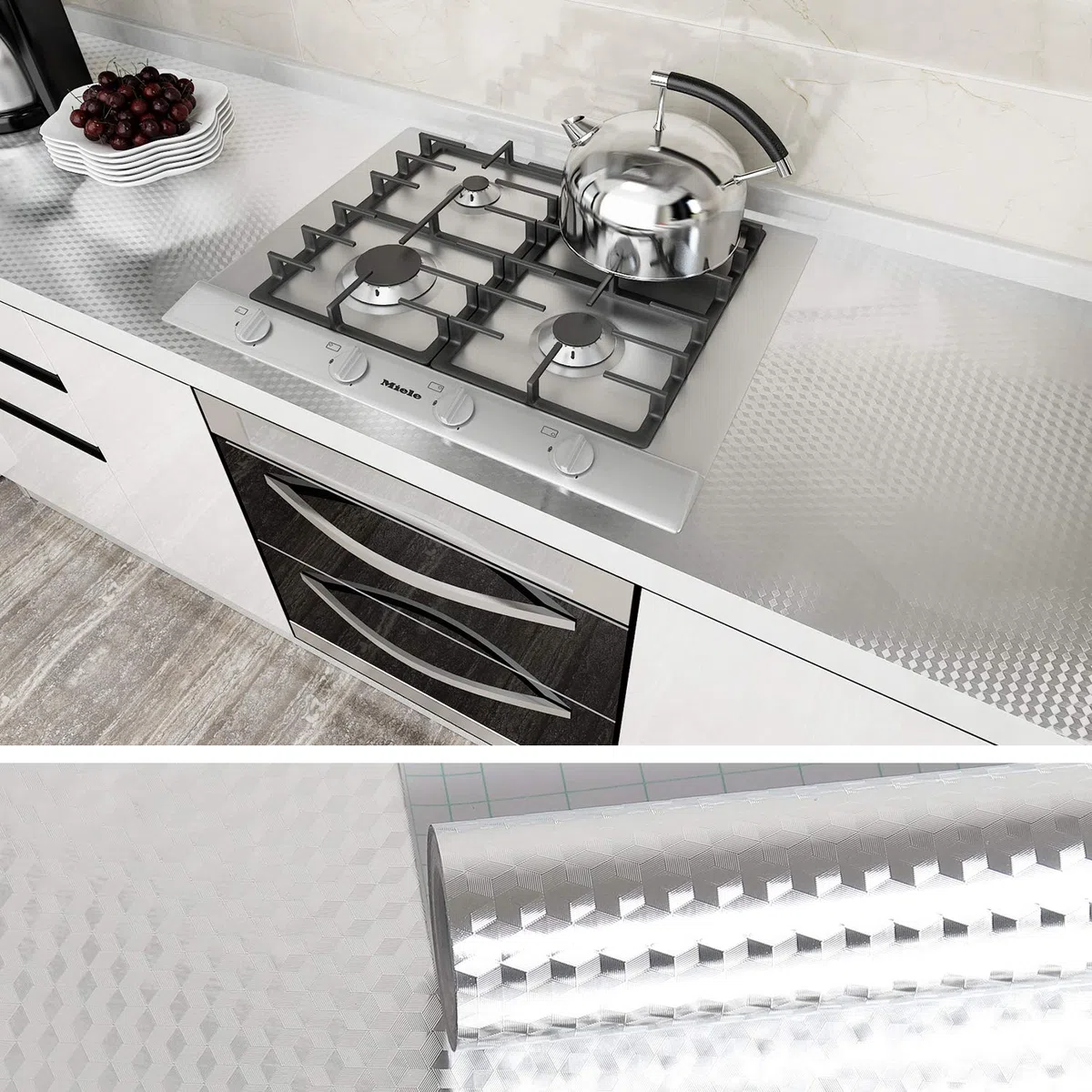 VEELIKE Pellicola Adesiva Alluminio Carta Da Parati Per Cucina Lavabile Carta Adesiva Argento Impermeabile Pellicola Adesiva Rivestimento Adesivo Per Mobili Piani Cucina Alzatina Della 40cm x 600cm