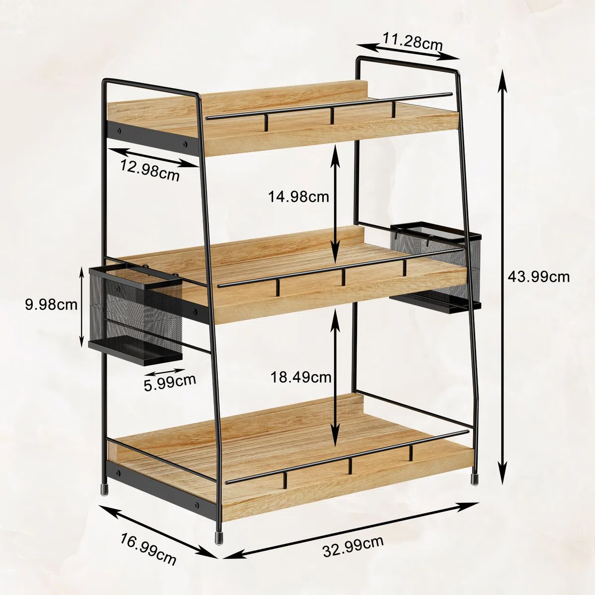 Organizzatore da Banco per il Bagno con 2 Cestini, Contenitori per Cosmetici a 3 Livelli, Piccolo Scaffale in Legno per Spezie, Organizer per Bagno, Scrivania, Ufficio, Cucina, Casa