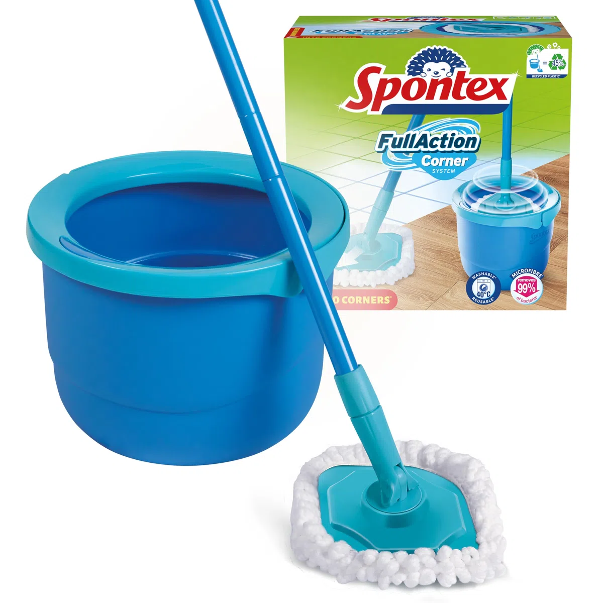 Spontex Full Action Corner Sistema lavapavimenti con mop rotante e secchio | per gli angoli più stretti | Sistema di strizzatura/risciacquo 360° | Per laminato, legno e piastrelle