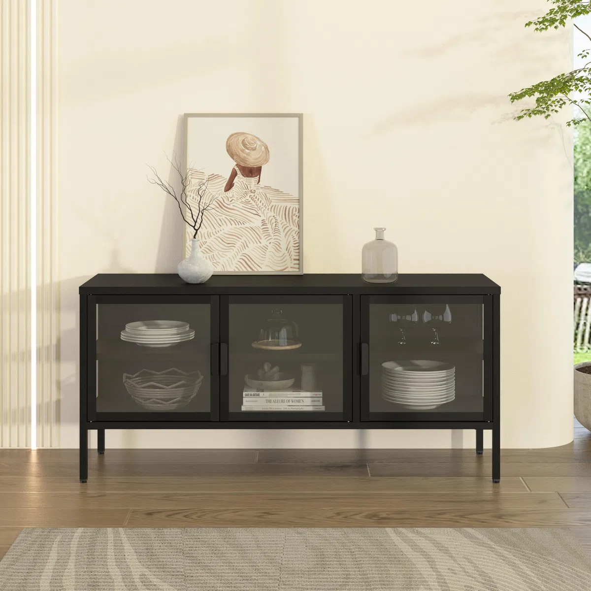 [en.casa] Armadietto con Vetrina Mobile TV in Acciaio Nero con 3 Ante in Vetro Temperato Mobile Contenitore Moderno per Soggiorno Ufficio 55 x 118 x 35 cm