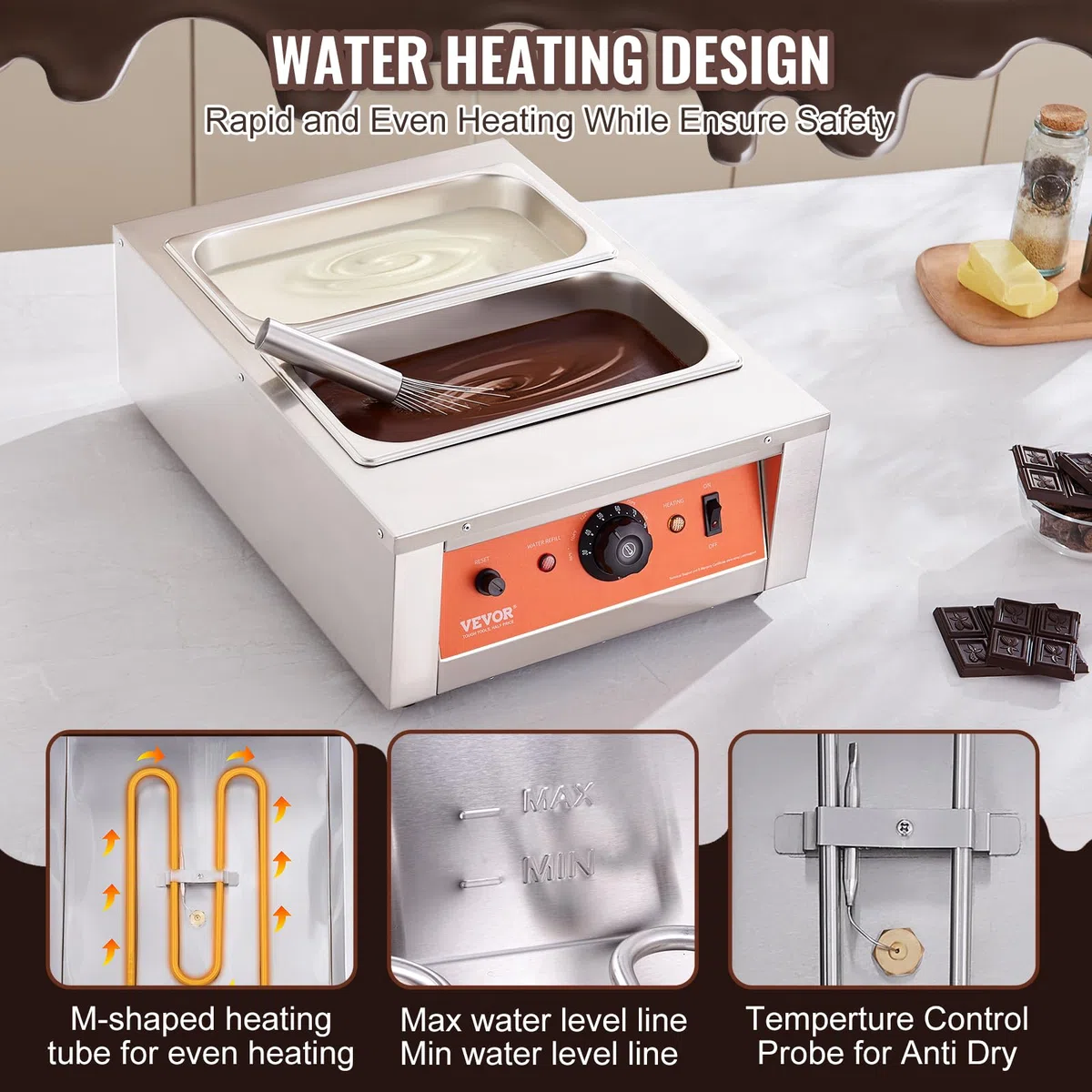 VEVOR Macchina per Fusione di Cioccolato in Acciaio Inox Doppia Vasca da 3,3 L, Pentola Elettrica di Fusione del Cioccolato 1500W Uso Commerciale per Hotel Albergo, Bagnomaria per Cioccolato 30℃ - 85℃