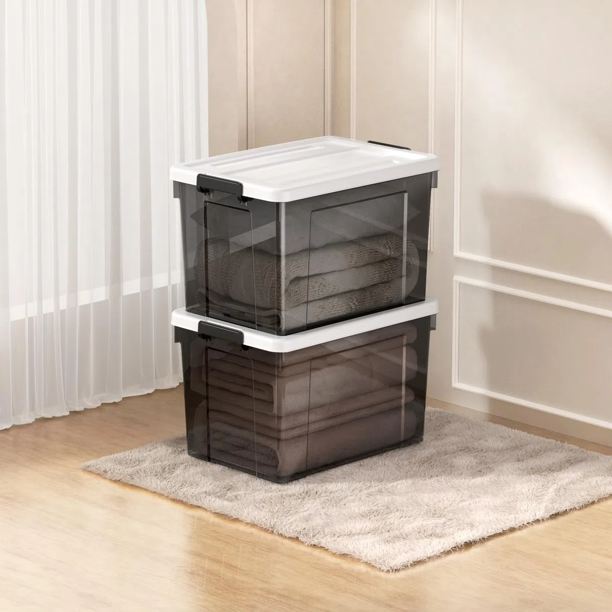 Cetomo 90L*3 Scatole di Stoccaggio in Plastica, Scatole Portaoggetti con Coperchio, Organizzatore, Contenitori per Casa e Ufficio, Impilabile, Resistente, Nero Chiaro, 90L - Confezione da 3