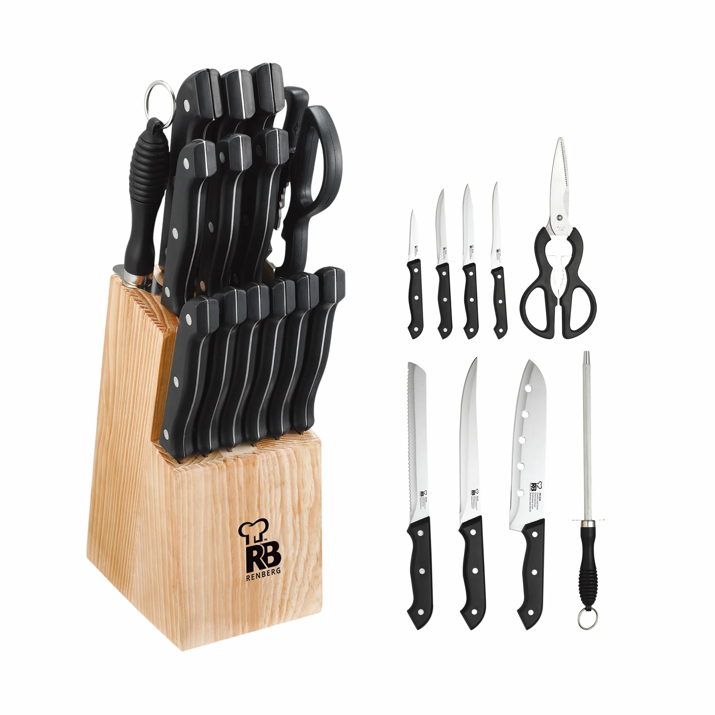 RENBERG Tenessy | Coltelli da Cucina | Set Completo di 15 Pezzi con Ceppo di Legno | Perfetti per Tagliare Ogni Ingrediente | Cucina Professionale | Fabbricati in Acciaio Inox