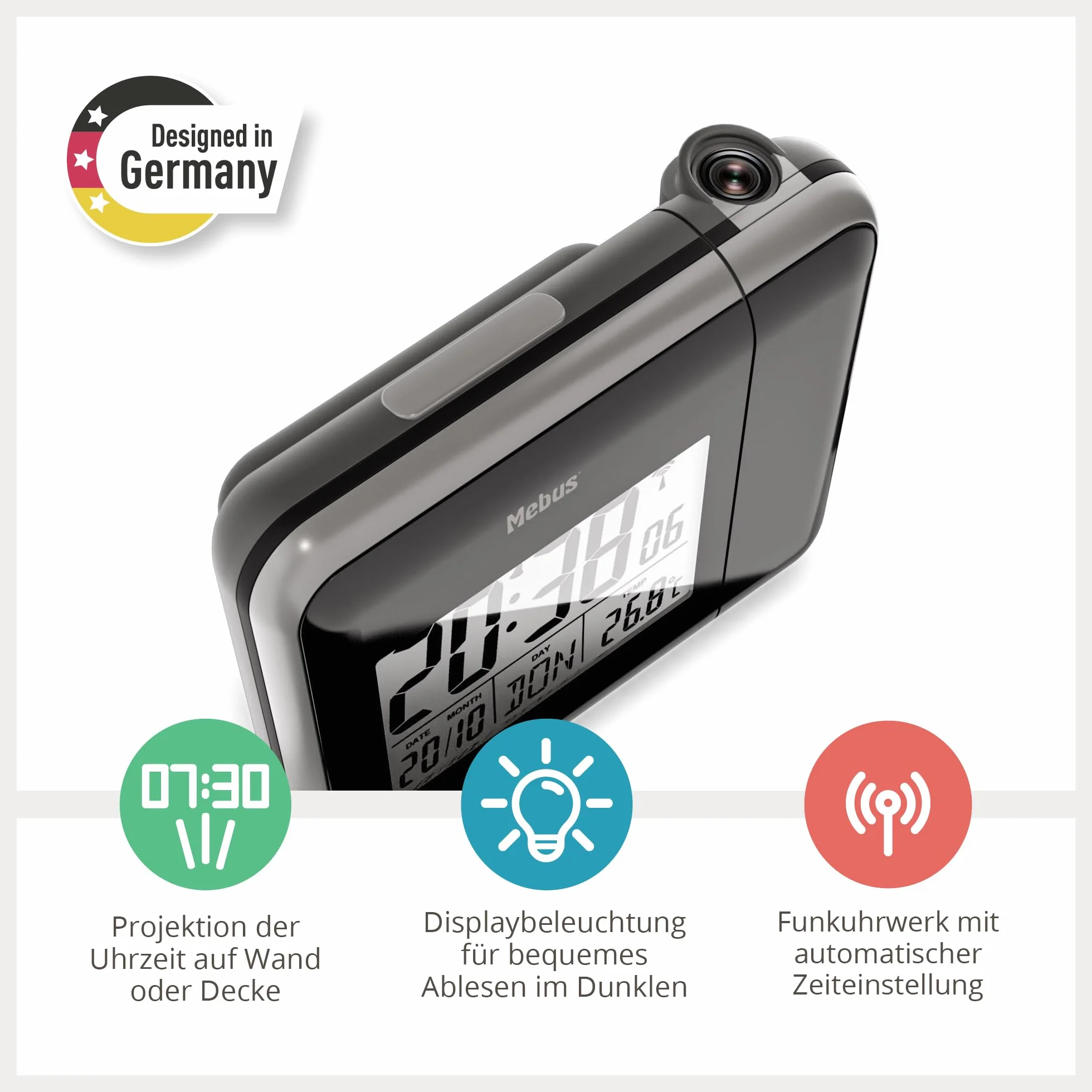MEBUS digitaler Funkwecker mit Projektion der Uhrzeit an Decke Wand, INKL. Netzstecker, Batteriebetrieb Möglich, Dauerprojektion, schwenkbar, Thermometer/Farbe: Schwarz/Modell: 42425
