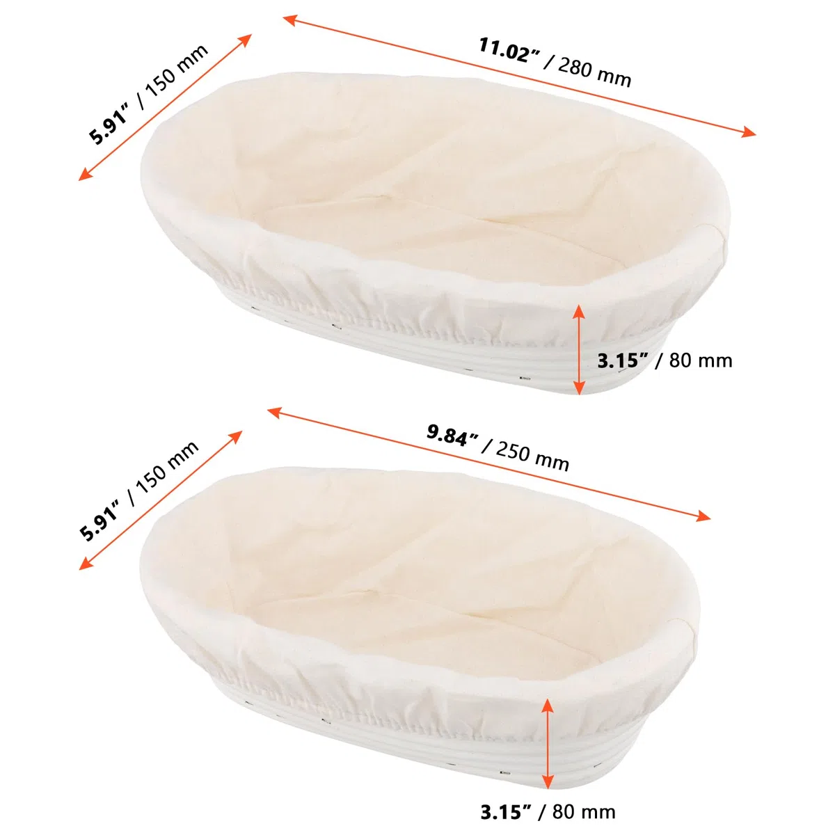 SINJEUN Set di 2 cestini ovali da 25 cm e 28 cm, in rattan con panno di lino, per pane, cucina, panetteria