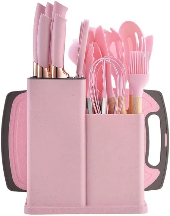 Set Coltelli da Cucina 19 Pezzi con Portautensili – 5 Coltelli in Acciaio + 13 Utensili da Cucina in Silicone – Set Cucina Completo Antiaderente e Resistente al Calore (Rosa)