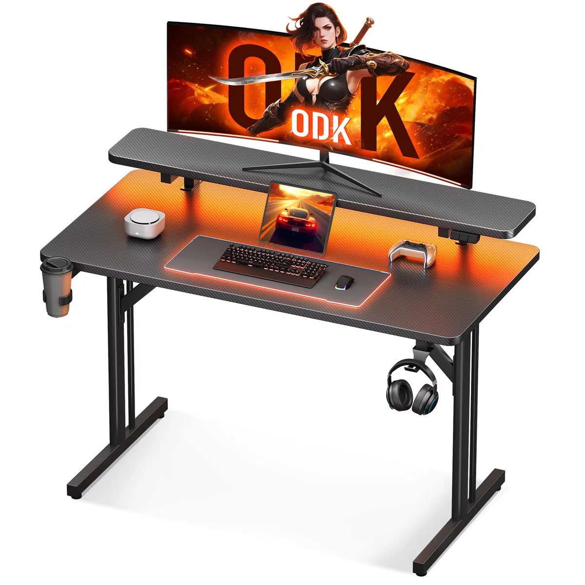 ODK Scrivania Gaming, 80cm Postazione Gaming con Luci LED, Tavolo Gaming con Supporto per Monitor, Scrivania Computer in Fibra di Carbonio Nera