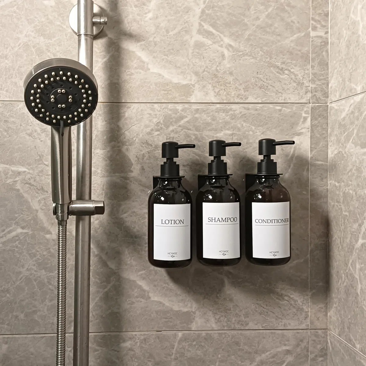 3 Pezzi Dispenser Sapone Bagno a Muro, 500ml Dispenser Sapone Senza Foratura, Con 16 Etichette Impermeabili, Per Bagno Cucina Shampoo Balsamo Bagnoschiuma - Ambra