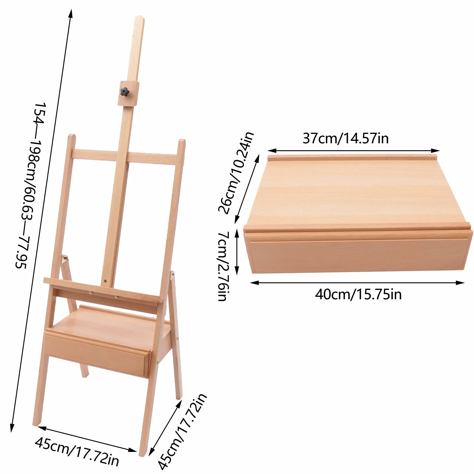 Cavalletto da Pittura Professionale ad H con Cassetto Portaoggetti, in Legno di Faggio Massello, Cavalletto per Dipingere Regolabile Altezza154-198cm, Max Leinwand 90cm, per Dipinti, Mostre