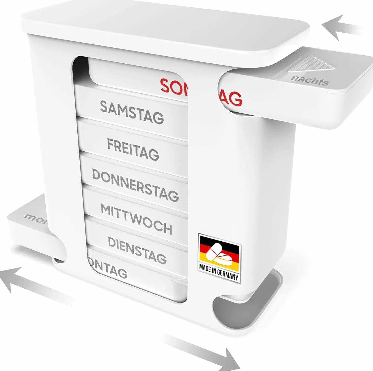 Portapillole 7 giorni con 4 scomparti – Prodotto in Germania – Compresse, Torre di pillole, pillole, dosatore per medicinali, scatola per la conservazione di compresse