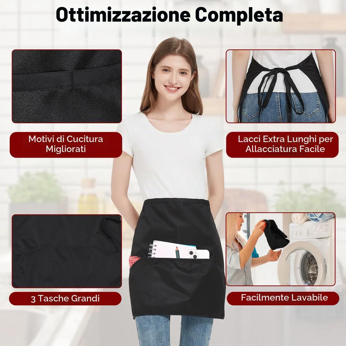 6 Pezzi Grembiuli, Mezzo Grembiuli da Cucina con 3 Tasche, Impermeabile Chef Grembiule per Uomini Donne, Grembiule Corto Cameriera Cameriere, Grembiule per Bistrot, Bar, Ristorante