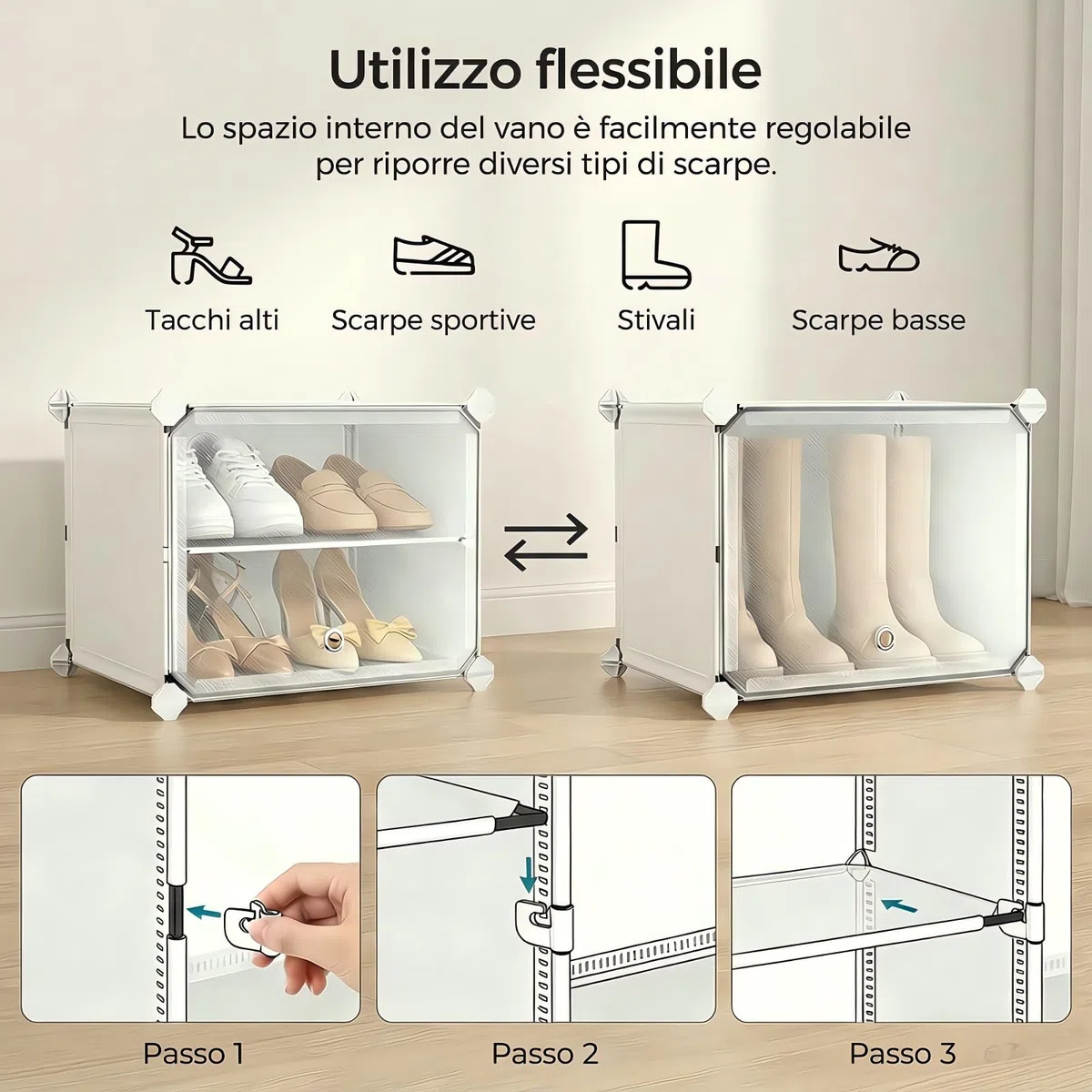 Scarpiera salvaspazio a 30 scomparti con porta, scarpiera modulare in plastica chiusa bianca, mobile per scarpe ingresso fai da te per corridoio camera da letto