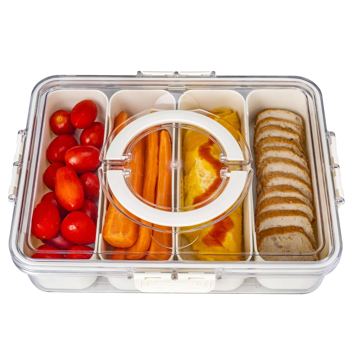 Bandesun Vassoio da portata diviso con coperchio e manico, contenitore per snack e salumi, contenitore portatile per snack, organizer trasparente per caramelle, frutta, noci, snack, 4 griglie
