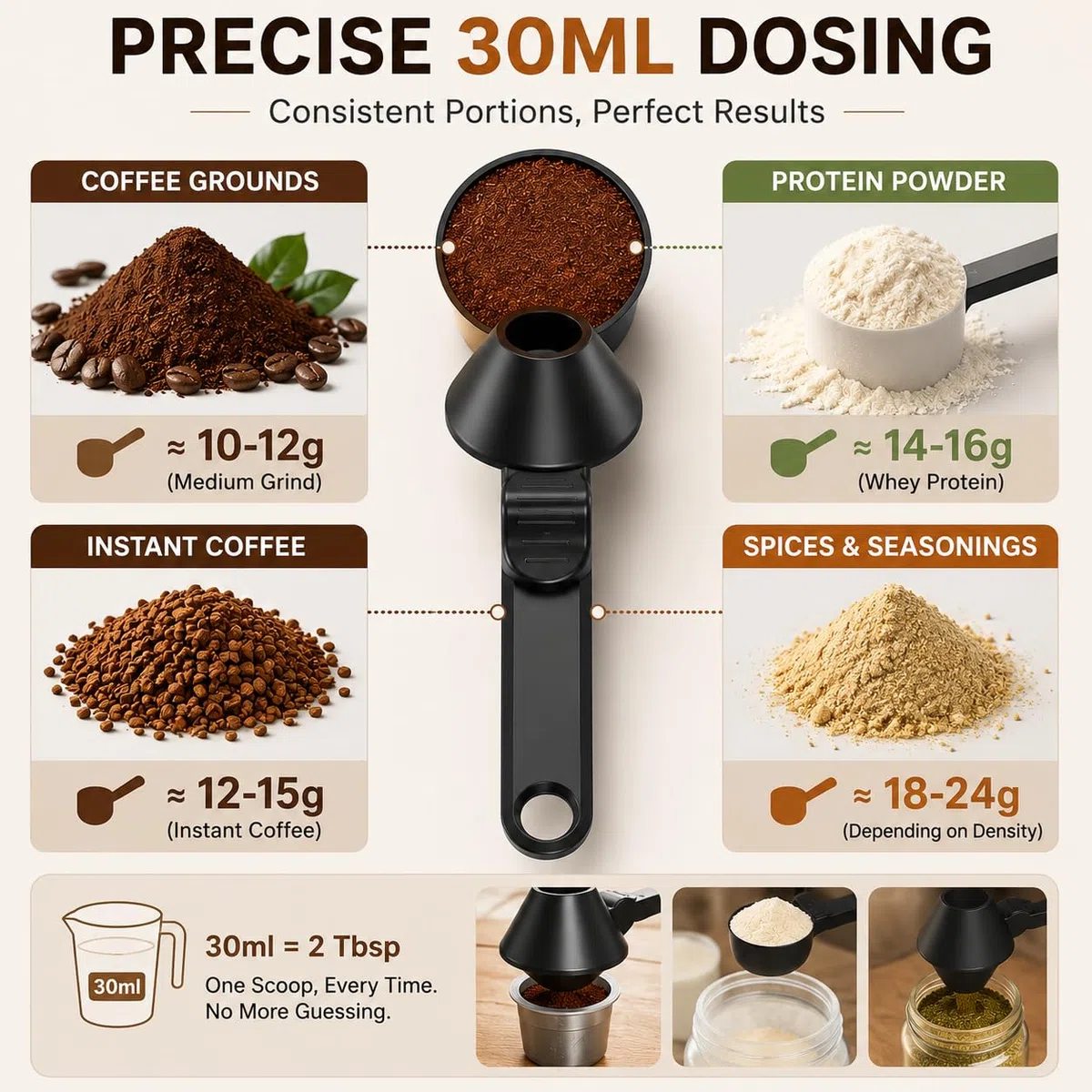 Cucchiaio Dosatore Proteine con Imbuto, Misurino Polvere 30ml (~15g Caffè), Cucchiaio Dosatore per Whey, Caffè e Capsule, Manico 19cm Anti-Scivolo