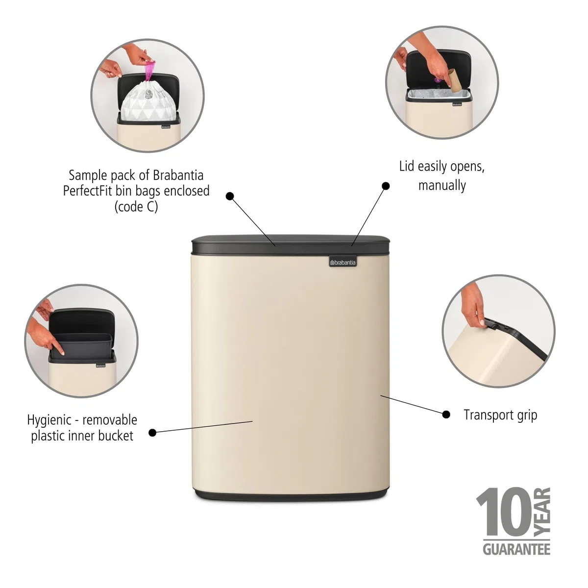 Brabantia Bo Pattumiera 12L | Cestino rettangolare compatto con coperchio Soft-Close e secchio interno rimovibile | Design montabile a parete o indipendente per bagno, cucina o ufficio | Soft Beige